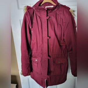 Burgundy Parka Coat with Faux Fur Trim
